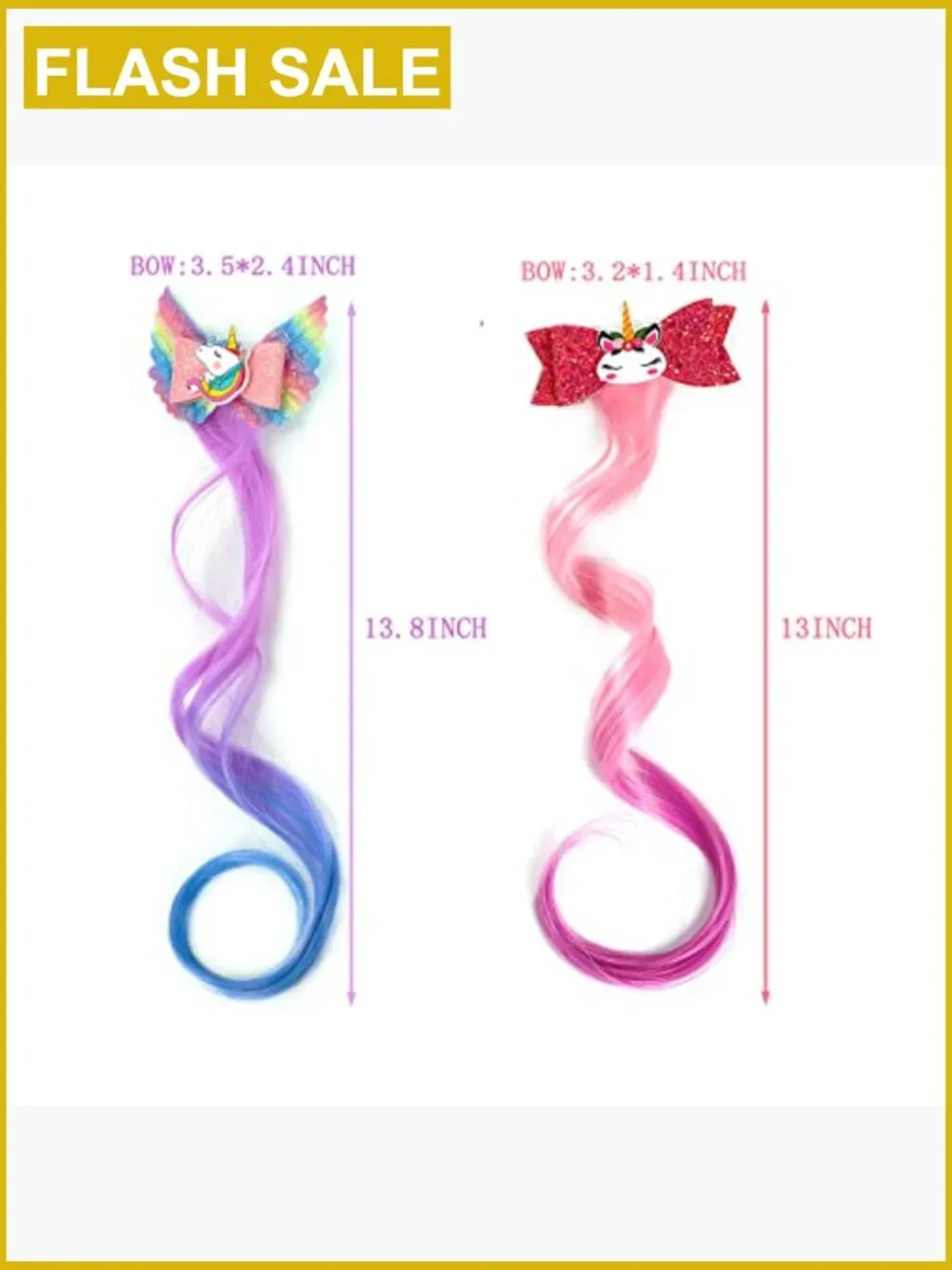 6 Unicorn Hair Bows Clips Glitter Braided Curly Wig Hair Extensions 6pcs